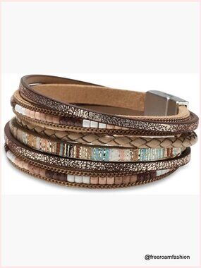 Leather Wrap Bracelet with Crystal Beads, Multi-Layer Boho Cuff for Women